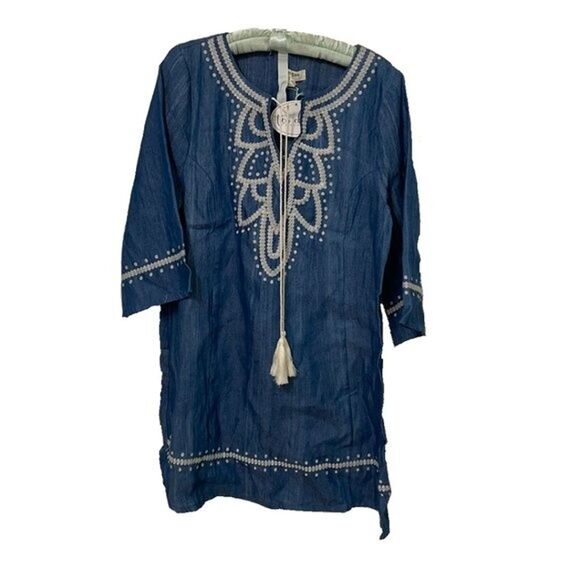 Umgee Denim Embroidered Shift Dress Sz Small Pullover 3/4 Sleeves NEW Boho - Picture 1 of 11
